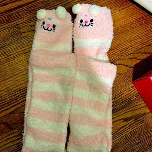 Pink and white striped kitty leg warmers; one size